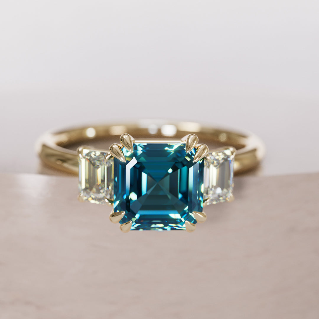 Aysel Asscher Cut Blue Sapphire Modern Unique Three Stone Engagement Ring By Valley Rose
