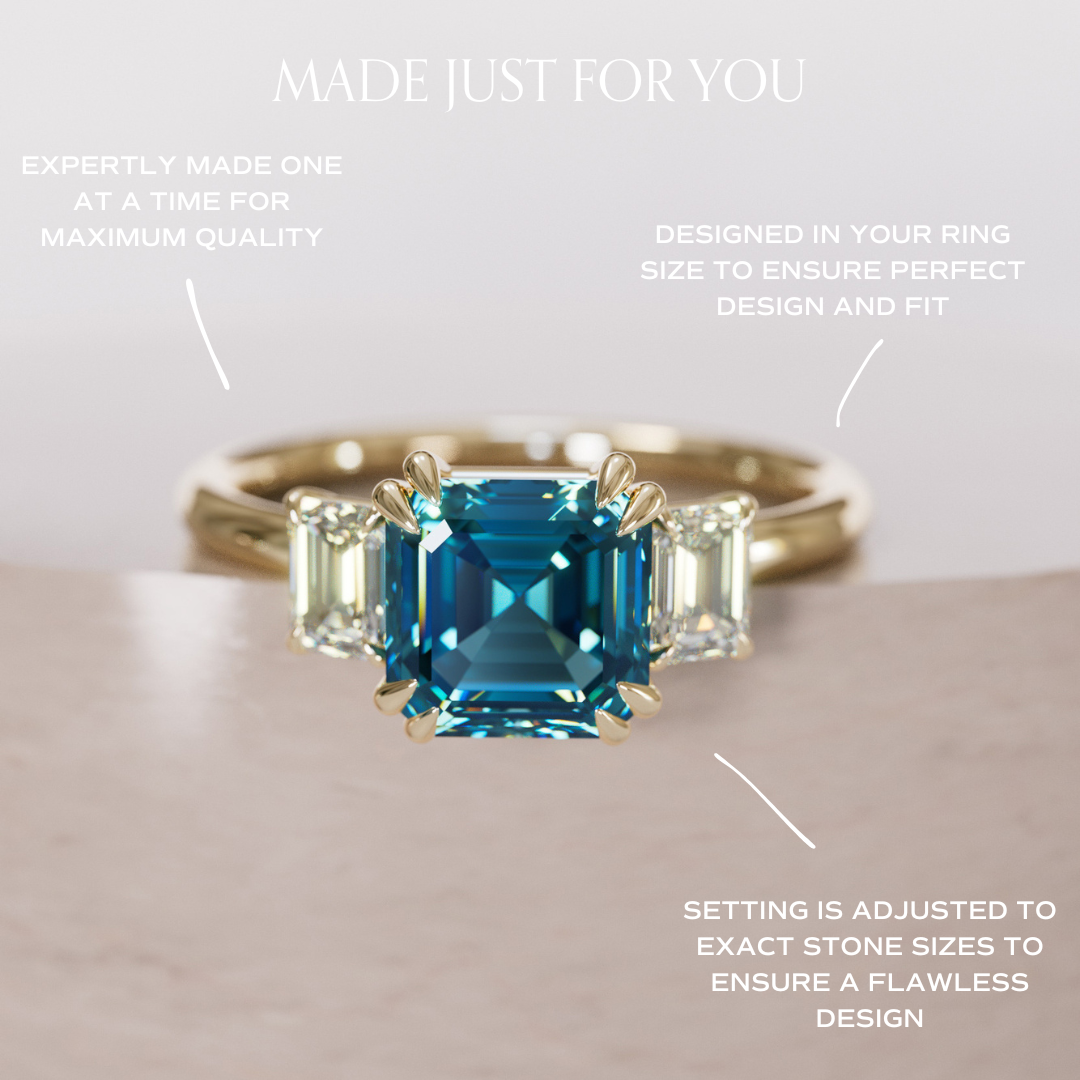 Aysel Asscher Cut Blue Sapphire Modern Unique Three Stone Engagement Ring By Valley Rose