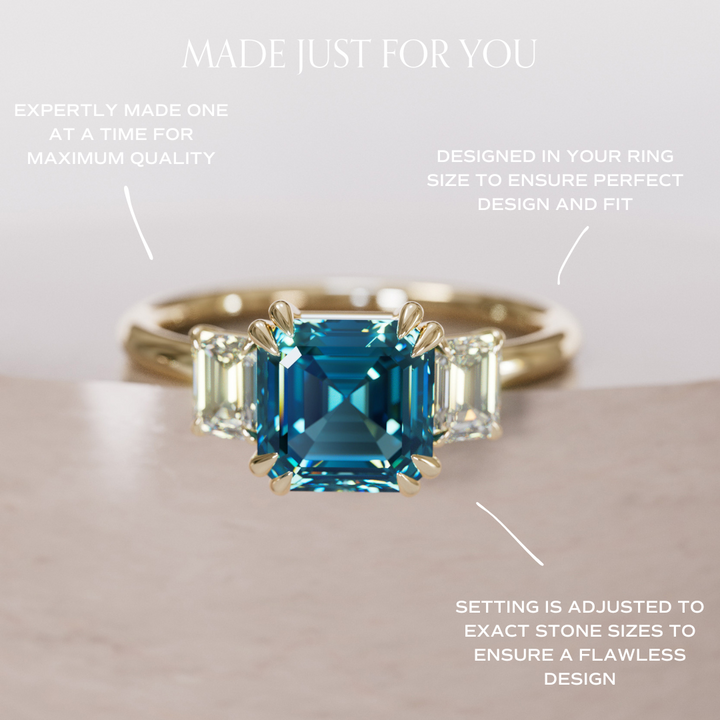 Aysel Asscher Cut Blue Sapphire Modern Unique Three Stone Engagement Ring By Valley Rose
