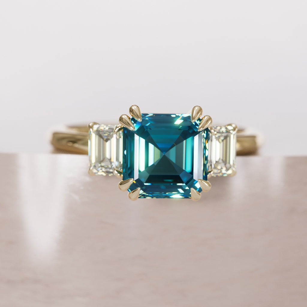 Aysel Asscher Cut Blue Sapphire Modern Unique Three Stone Engagement Ring By Valley Rose