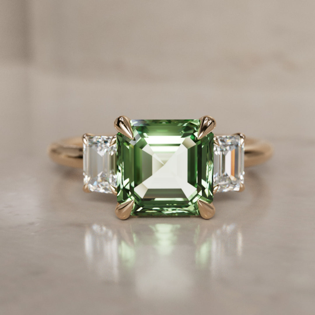 Aysel Asscher Cut Green Sapphire Modern Unique Three Stone Engagement Ring (Setting Only)