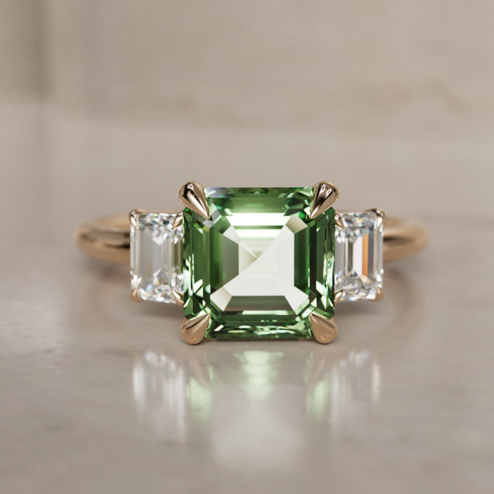 Aysel Asscher Cut Green Sapphire Modern Unique Three Stone Engagement Ring (Setting Only)