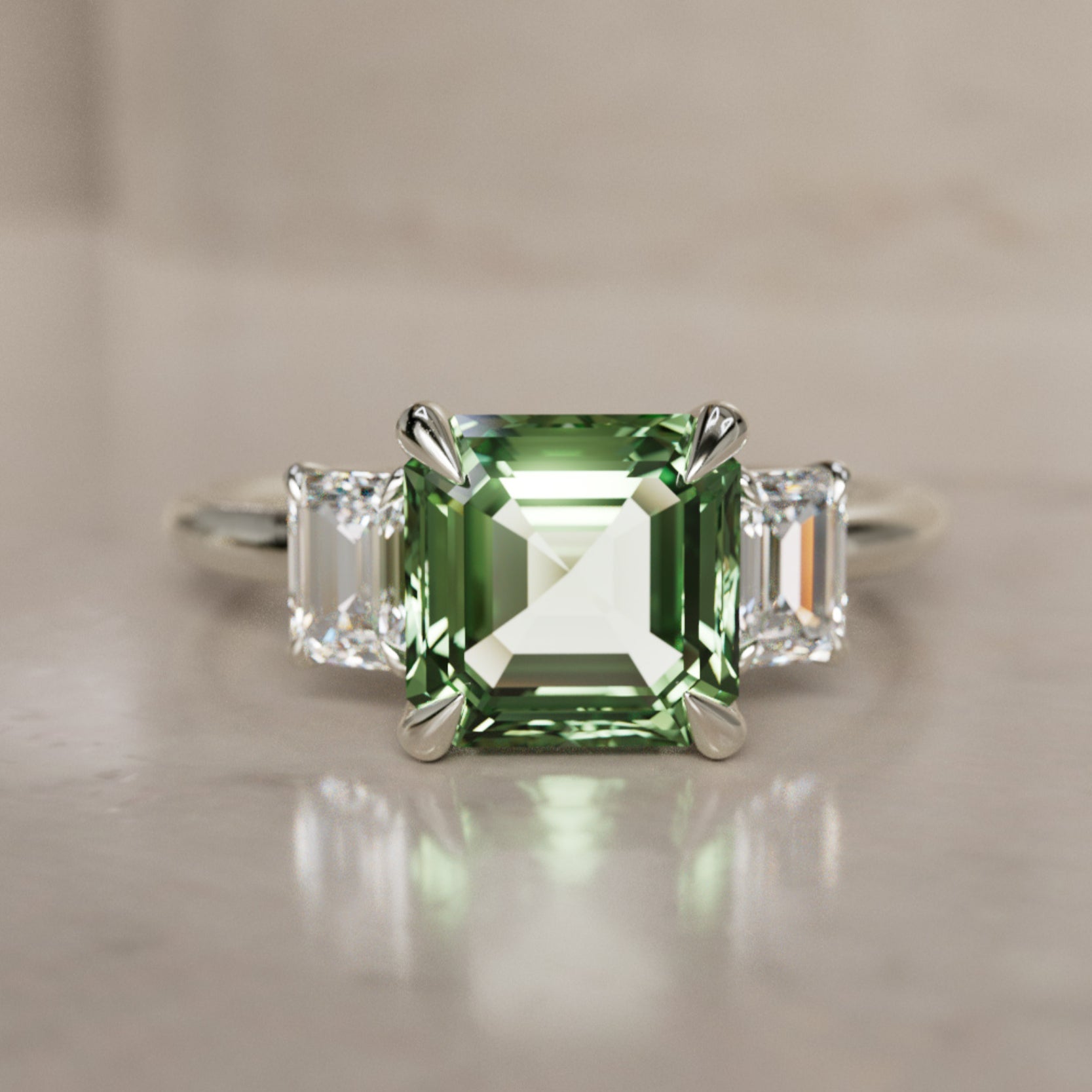 Unique Green Sapphire Engagement Ring Three Stone Asscher Cut