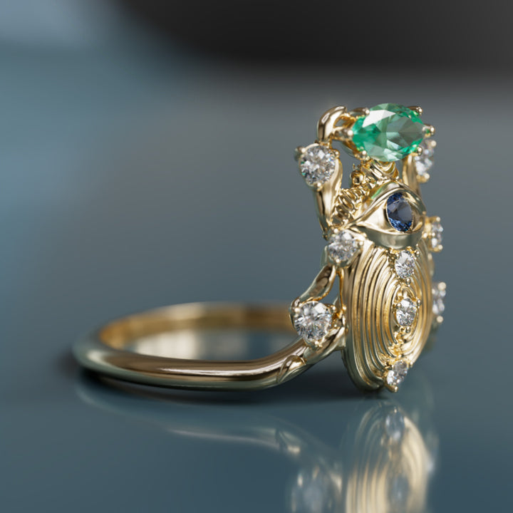 Treasure Beetle Unique Surrealist Ring with Blue Sapphire and Emerald