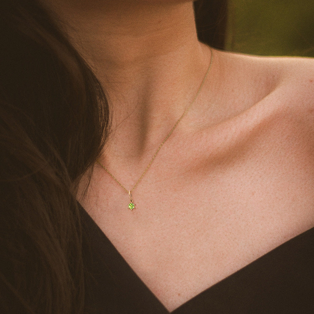 Ethical Peridot Charm - 3mm August Birthstone Gold Necklace  By Valley Rose Ethical Jewelry