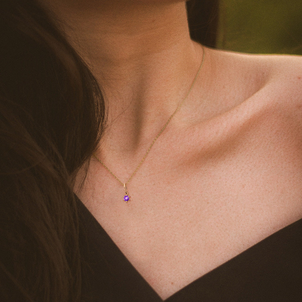 Ethical Amethyst Charm - 3mm February Birthstone Gold Necklace  By Valley Rose Ethical Jewelry