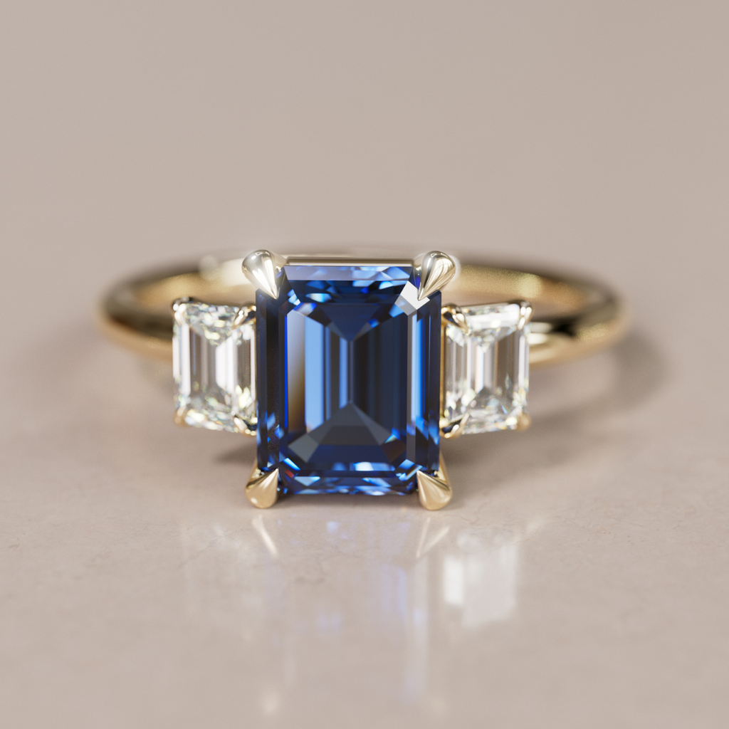 Blue Sapphire Emerald Cut Engagement Ring Three Stone By Valley Rose