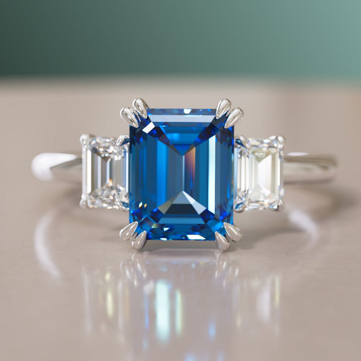Blue Sapphire Emerald Cut Engagement Ring Three Stone By Valley Rose