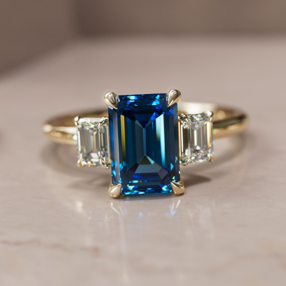 Blue Sapphire Emerald Cut Engagement Ring Three Stone By Valley Rose
