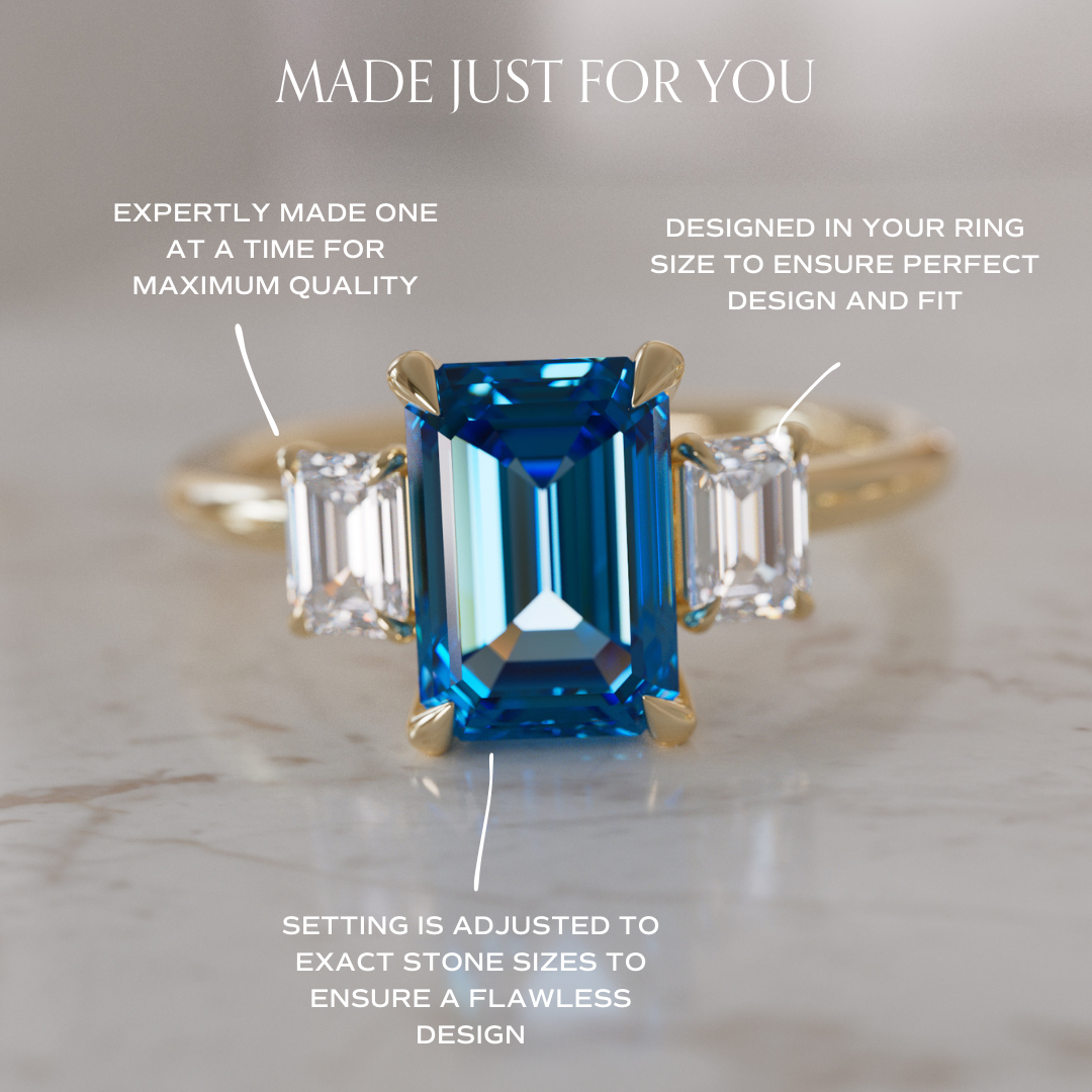 Blue Sapphire Emerald Cut Engagement Ring Three Stone By Valley Rose