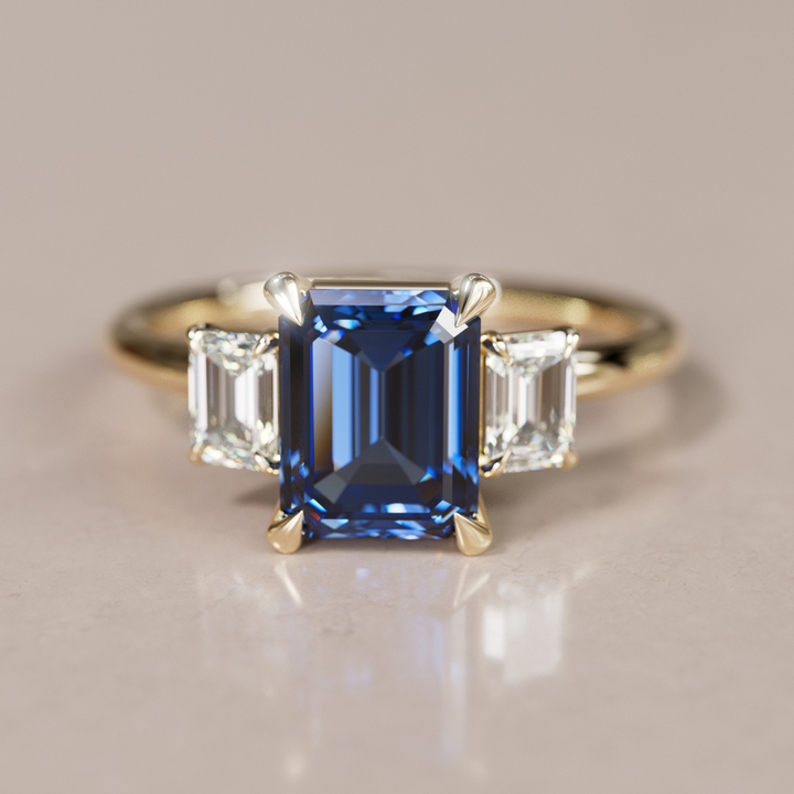 Blue Sapphire Emerald Cut Engagement Ring Three Stone By Valley Rose
