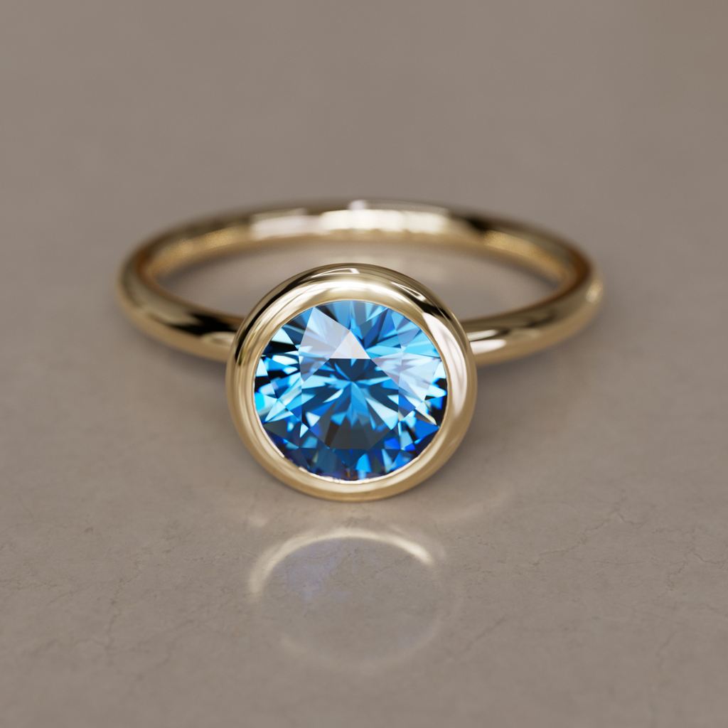 Blue Sapphire Engagement Ring, Bezel Round Cut Solitaire By Valley Rose