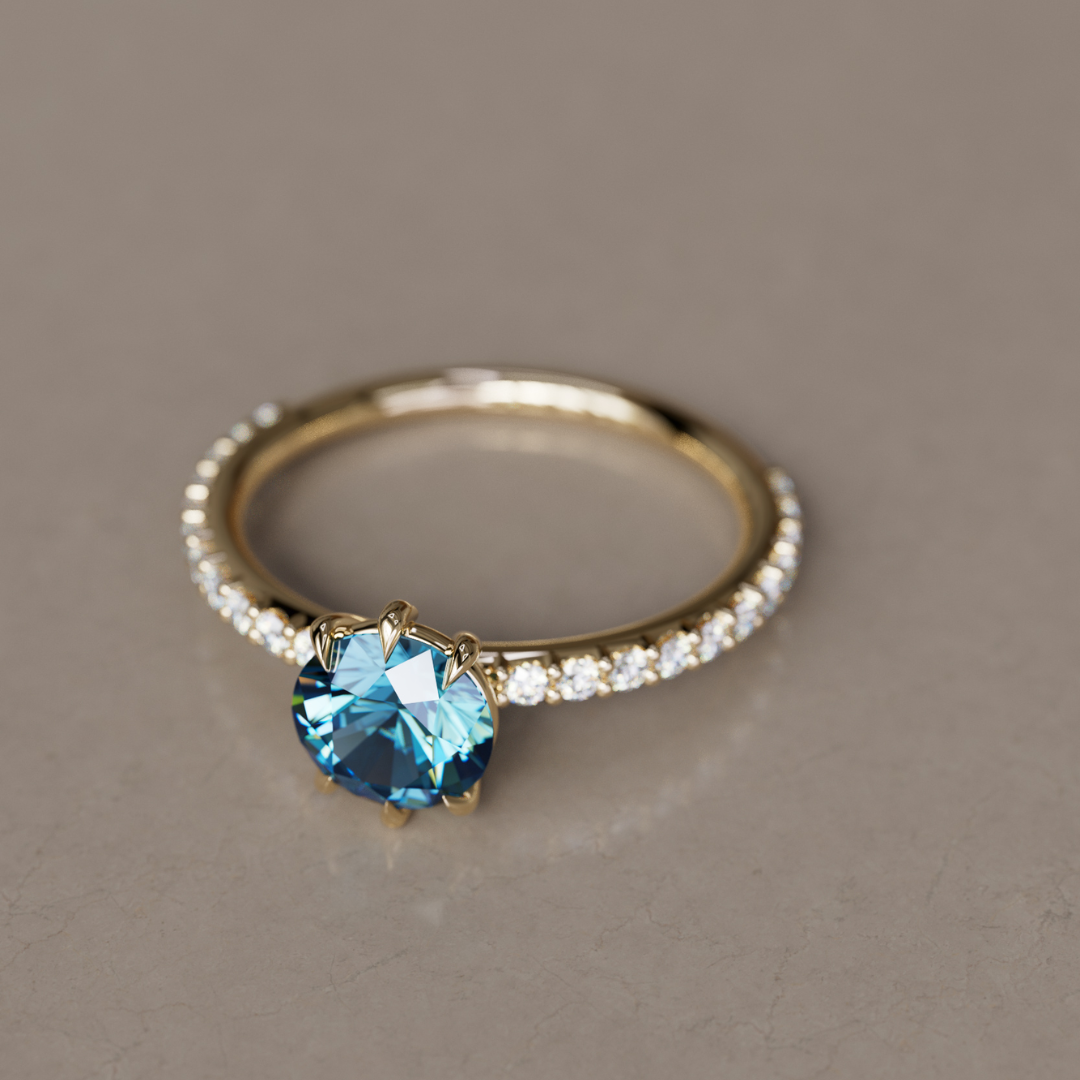 Blue Sapphire Engagement Ring Solitaire with Pavé Band By Valley Rose