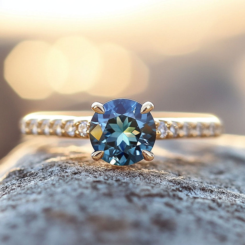 Blue Sapphire Ethical Engagement Ring Solitaire with Pavé Band By Valley Rose