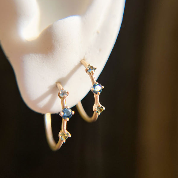 Blue Sapphire Gold 3 Stone Hoops, Orion's Belt Constellation By Valley Rose