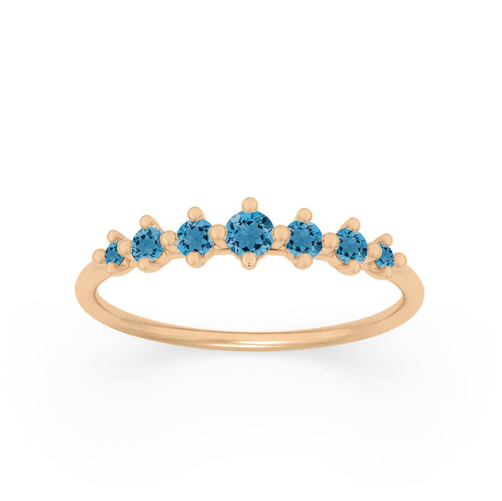 Dainty Tapered Blue Topaz Wedding Band, Gold Stacking Ring By Valley Rose Ethical Jewelry