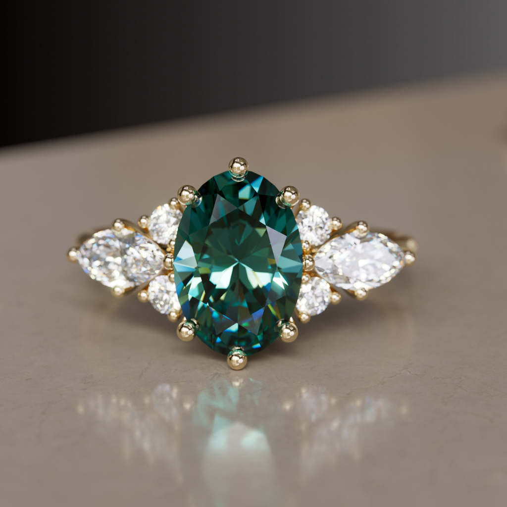 Bohemian Engagement Ring with Oval Cut Teal Sapphire and Diamonds By Valley Rose