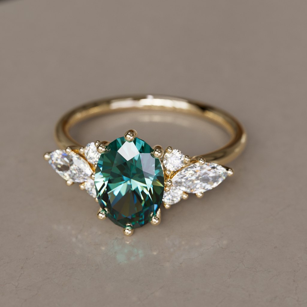 Bohemian Engagement Ring with Oval Cut Teal Sapphire and Diamonds By Valley Rose