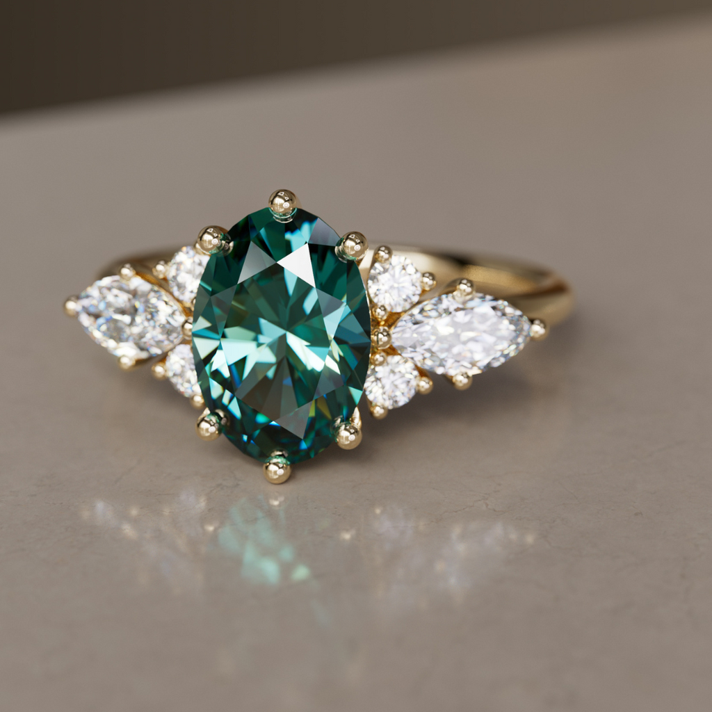 Bohemian Engagement Ring with Oval Cut Teal Sapphire and Diamonds By Valley Rose