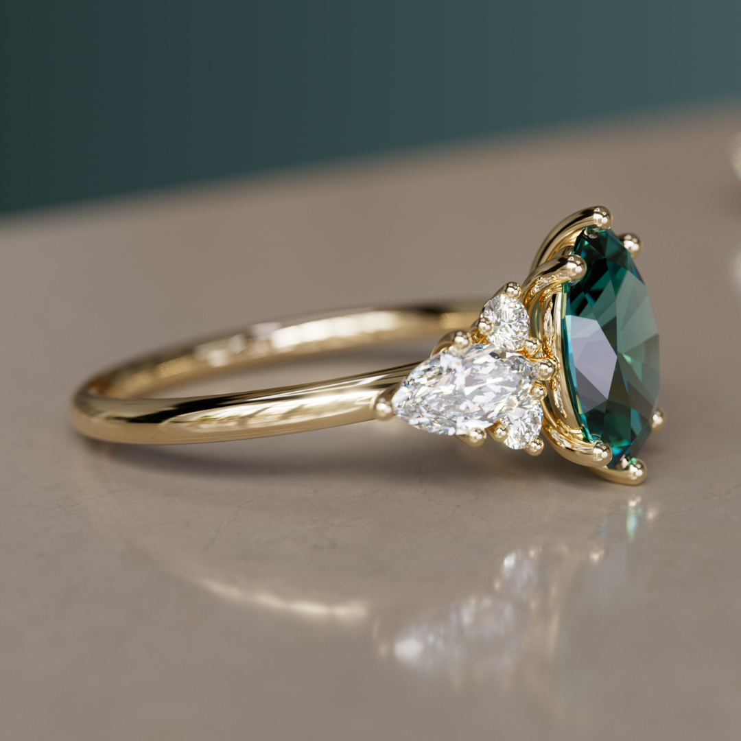 Bohemian Engagement Ring with Oval Cut Teal Sapphire and Diamonds By Valley Rose
