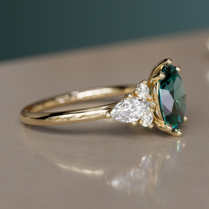 Bohemian Engagement Ring with Oval Cut Teal Sapphire and Diamonds By Valley Rose