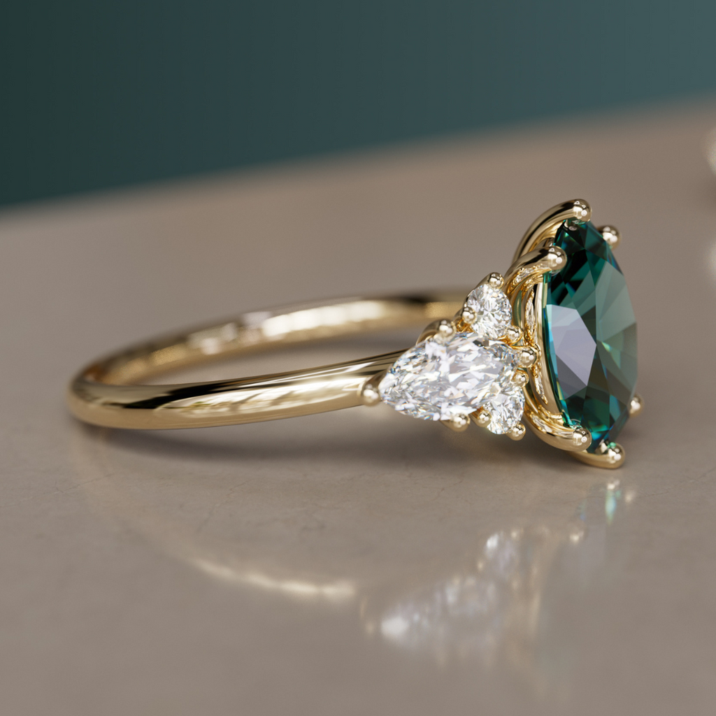 Bohemian Engagement Ring with Oval Cut Teal Sapphire and Diamonds By Valley Rose