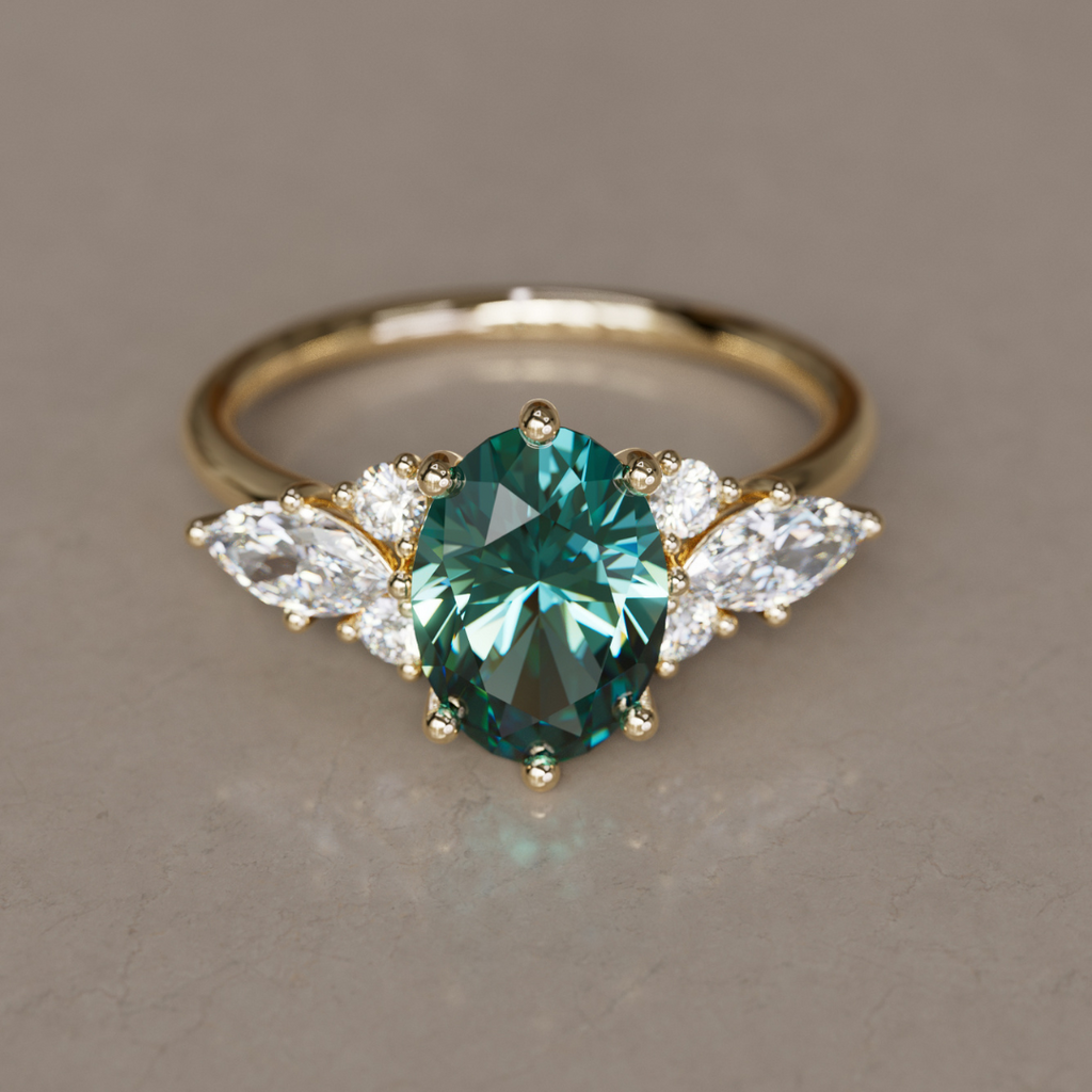 Bohemian Engagement Ring with Oval Cut Teal Sapphire and Diamonds By Valley Rose