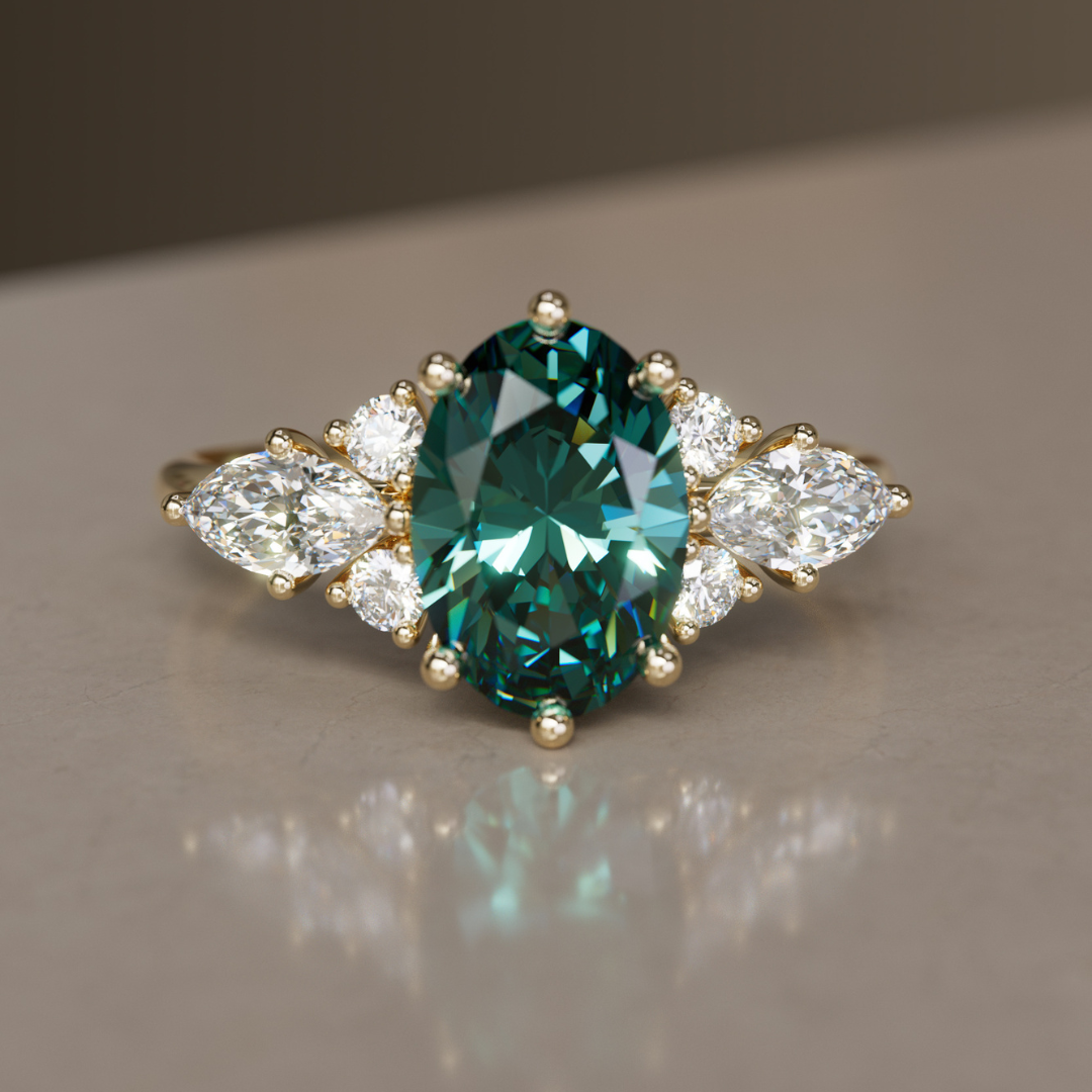 Bohemian Engagement Ring with Oval Cut Teal Sapphire and Diamonds By Valley Rose