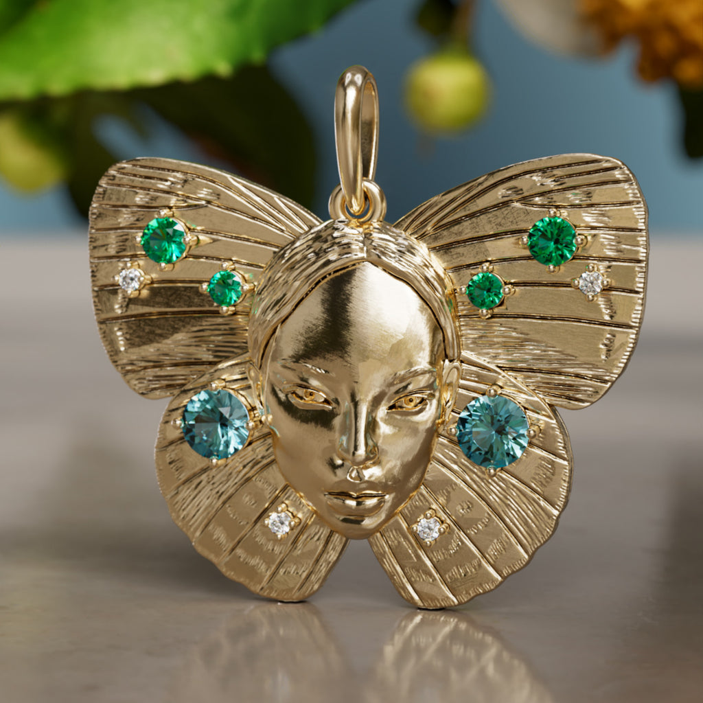 Butterfly Girl No.2 Art Nouveau Unique Nature Gold Pendant Charm in Teal Sapphire and Emerald