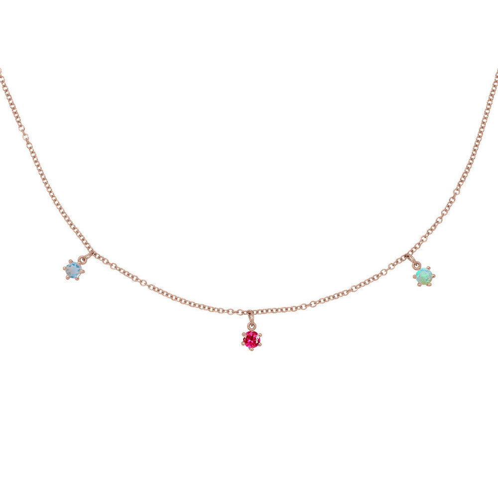 Cancer Zodiac Gold Fringe Necklace with Ruby, Moonstone, and Opal Charms 16" Chain By Valley Rose Ethical Jewelry