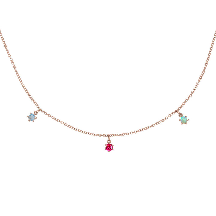 Cancer Zodiac Gold Fringe Necklace with Ruby, Moonstone, and Opal Charms 16" Chain By Valley Rose Ethical Jewelry