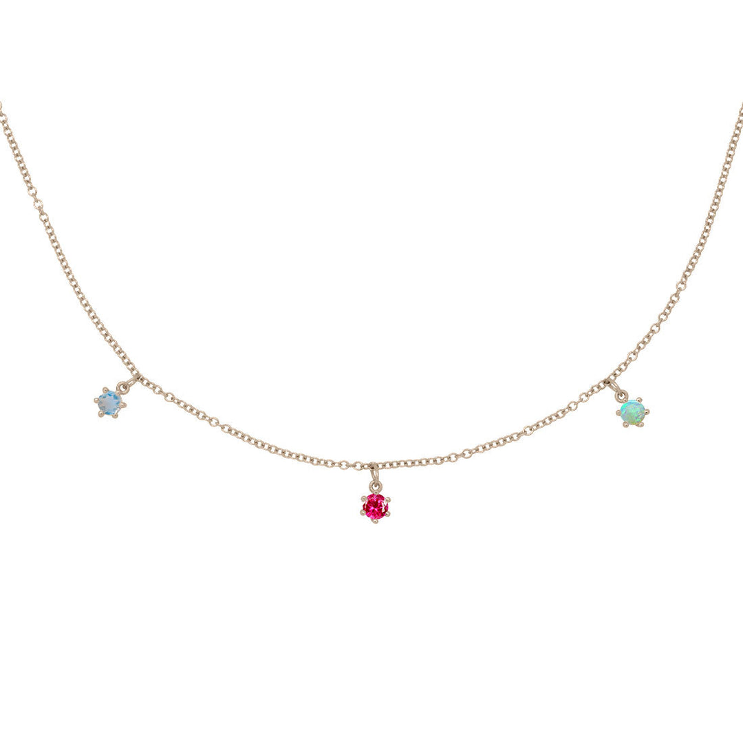 Cancer Zodiac Gold Fringe Necklace with Ruby, Moonstone, and Opal Charms 16" Chain By Valley Rose Ethical Jewelry