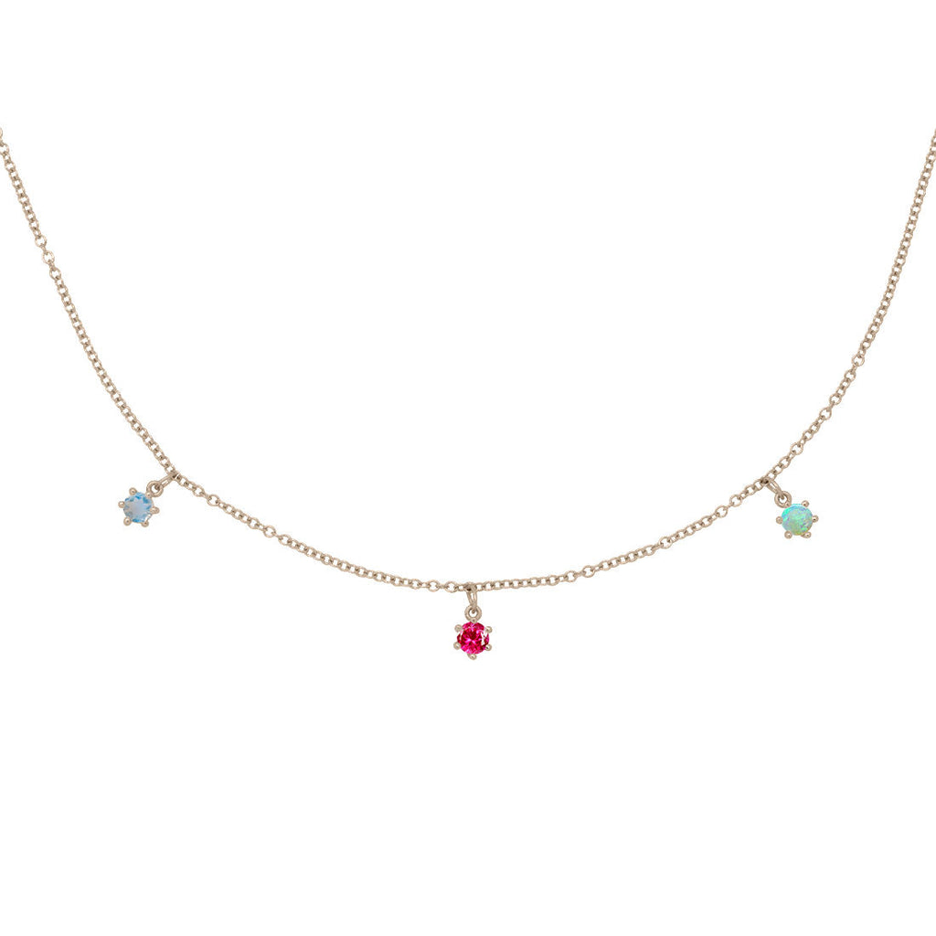 Cancer Zodiac Gold Fringe Necklace with Ruby, Moonstone, and Opal Charms 16