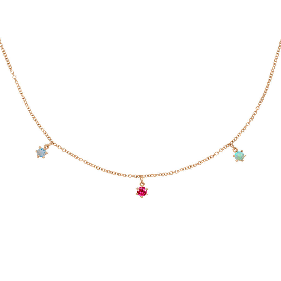 Cancer Zodiac Gold Fringe Necklace with Ruby, Moonstone, and Opal Charms 16" Chain By Valley Rose Ethical Jewelry