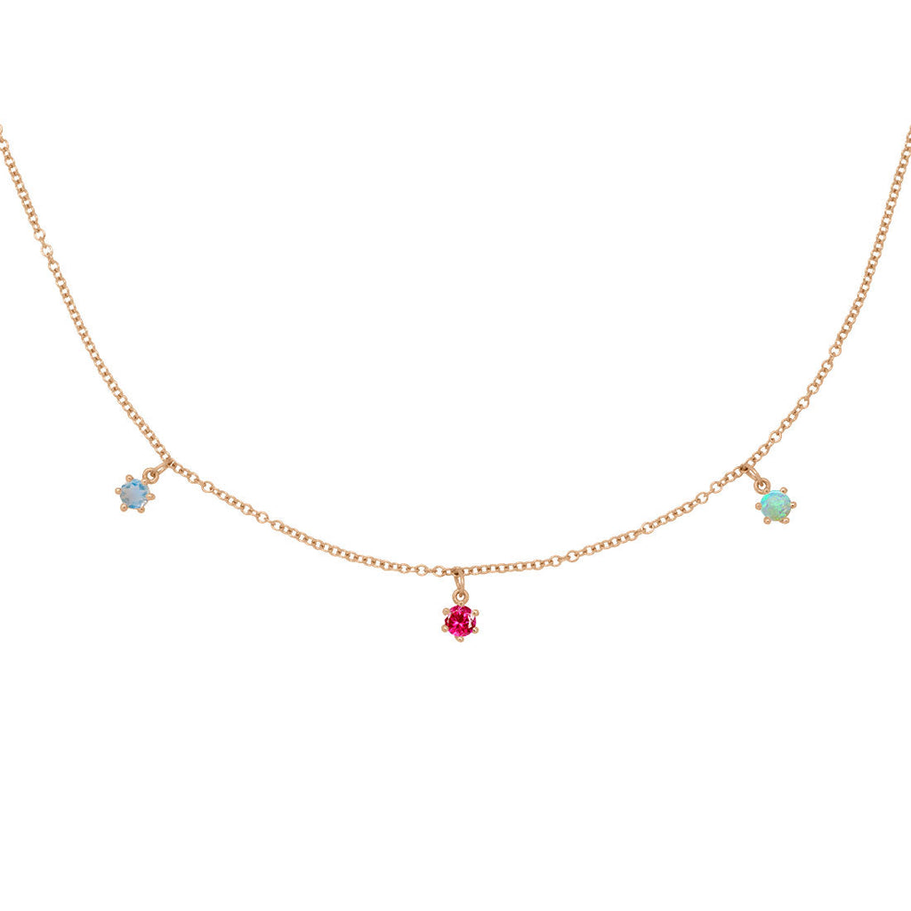Cancer Zodiac Gold Fringe Necklace with Ruby, Moonstone, and Opal Charms 16