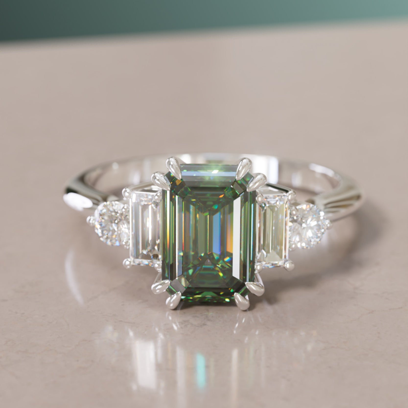 Modern Unique Engagement Ring Emerald Cut Green Sapphire and