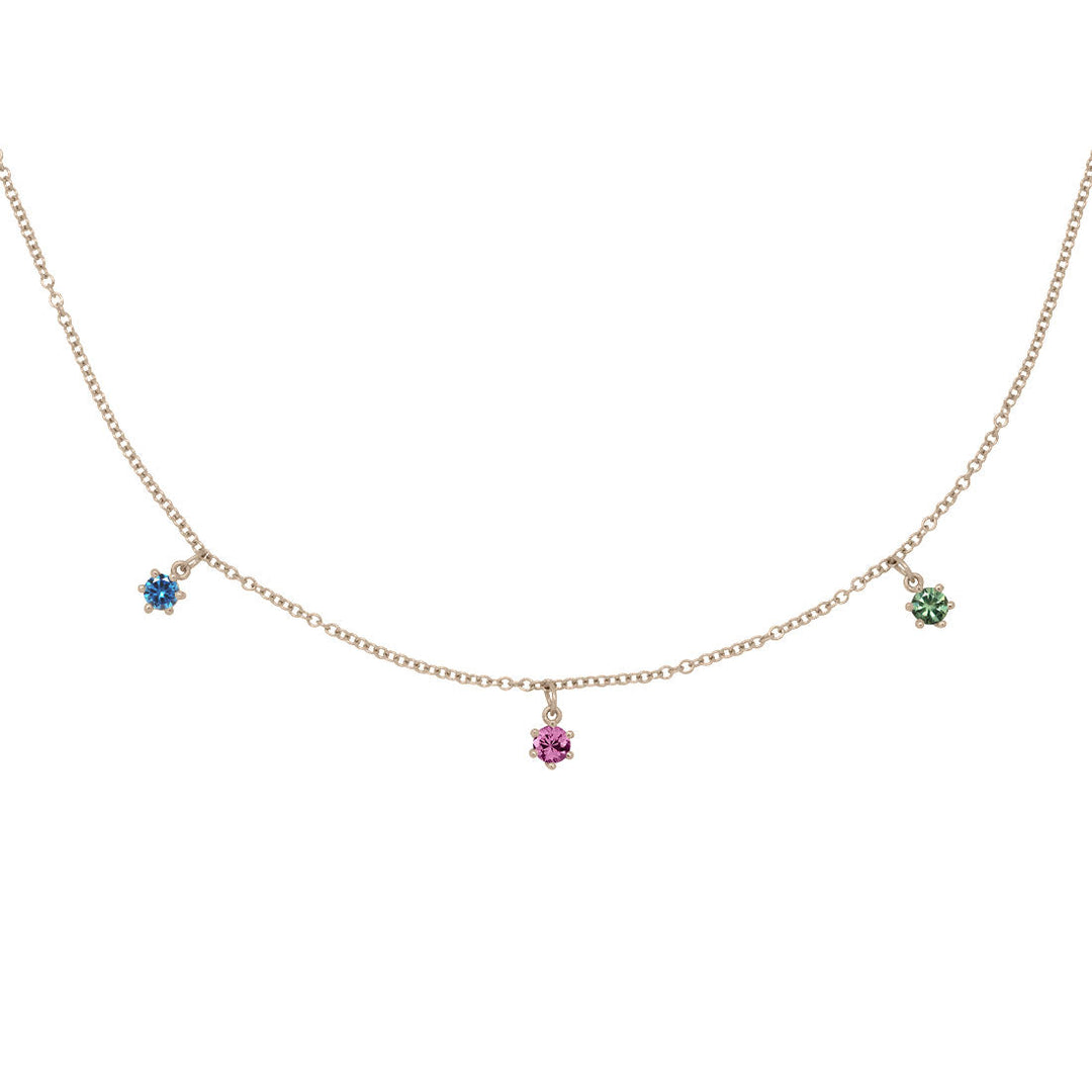 Capricorn Zodiac Gold Fringe Necklace with Garnet, Blue Sapphire and Green Sapphire 16" Chain By Valley Rose Ethical Jewelry