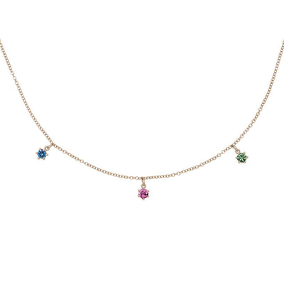 Capricorn Zodiac Gold Fringe Necklace with Garnet, Blue Sapphire and Green Sapphire 16" Chain By Valley Rose Ethical Jewelry