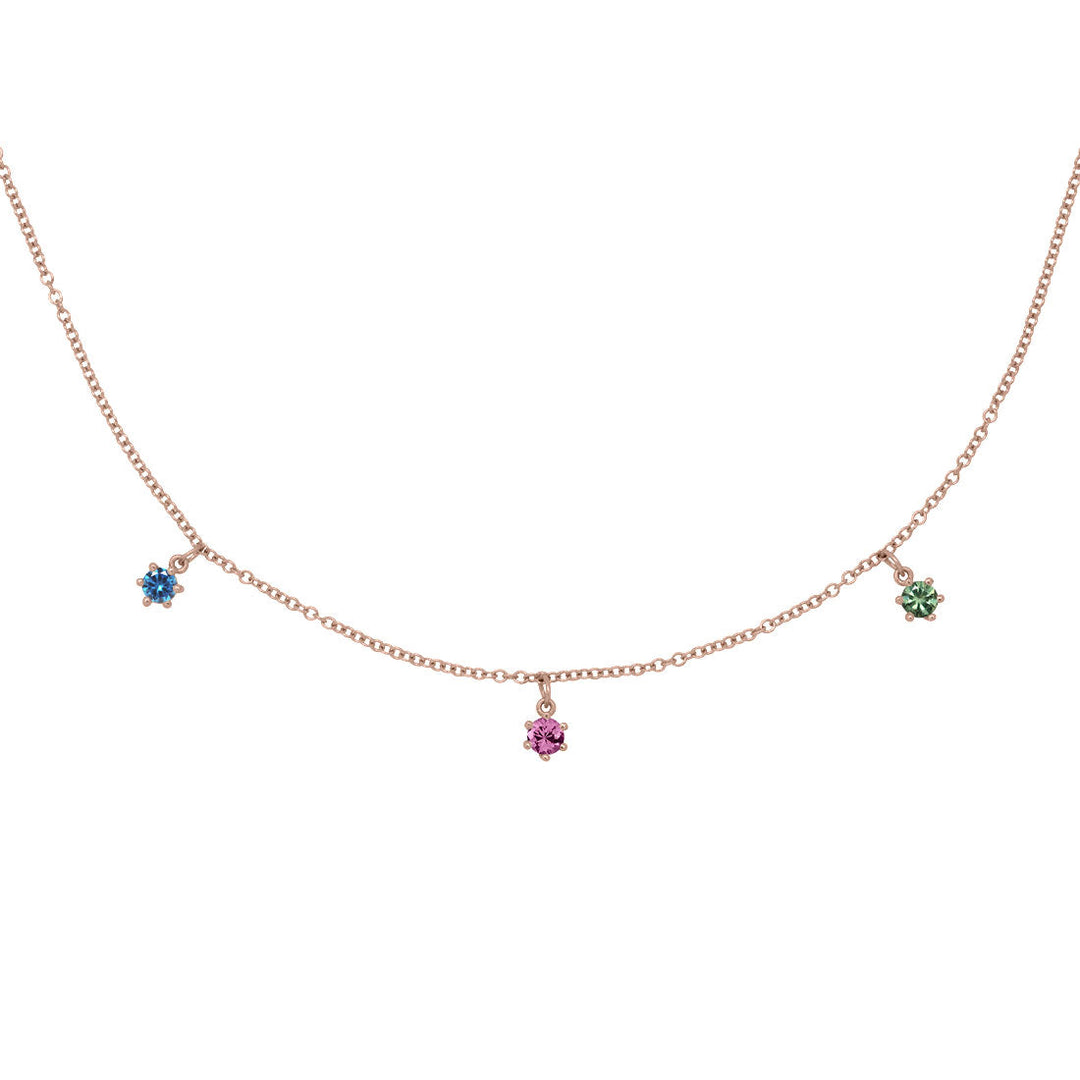Capricorn Zodiac Gold Fringe Necklace with Garnet, Blue Sapphire and Green Sapphire 16" Chain By Valley Rose Ethical Jewelry