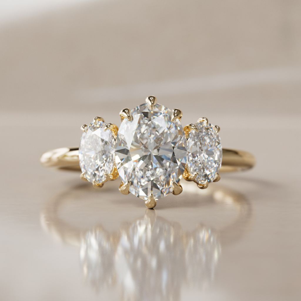 Carissa Oval Lab Diamond Modern Unique Three Stone Engagement Ring By Valley Rose