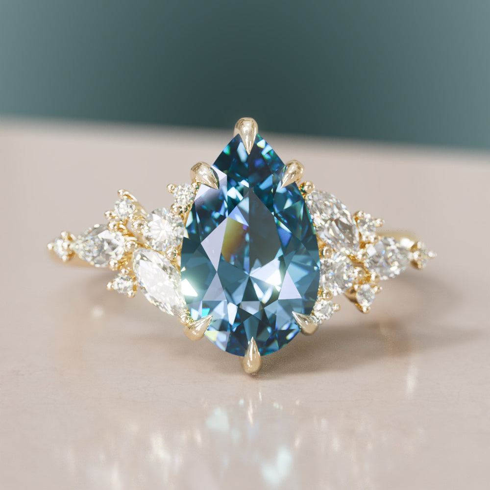 Unique Flower Pear Cut Blue Sapphire Engagement Ring By Valley Rose