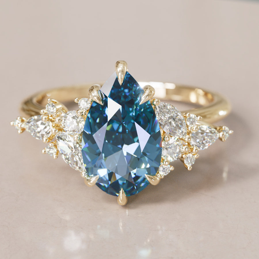 Unique Flower Pear Cut Blue Sapphire Engagement Ring By Valley Rose