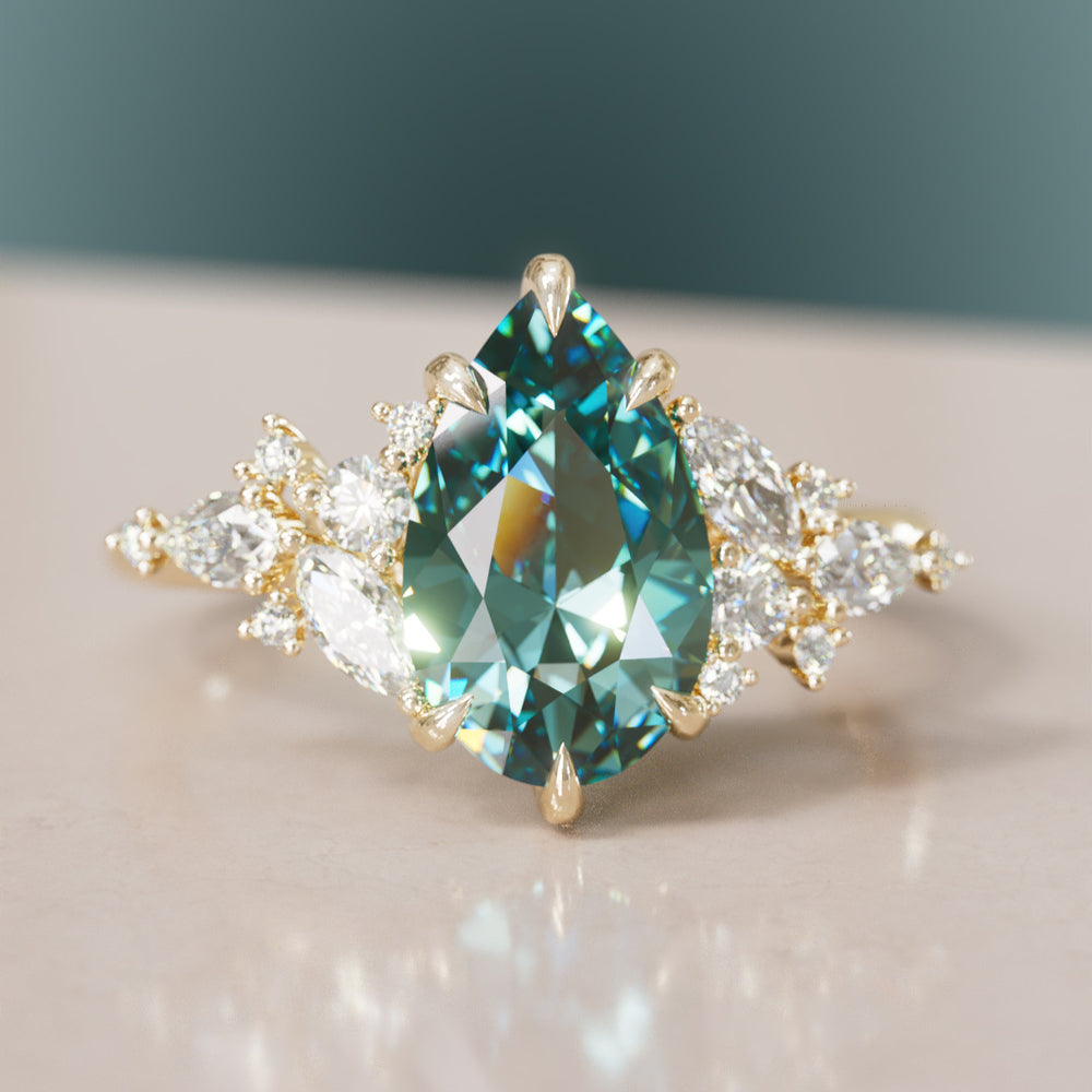 Unique Flower Pear Cut Teal Sapphire Engagement Ring By Valley Rose