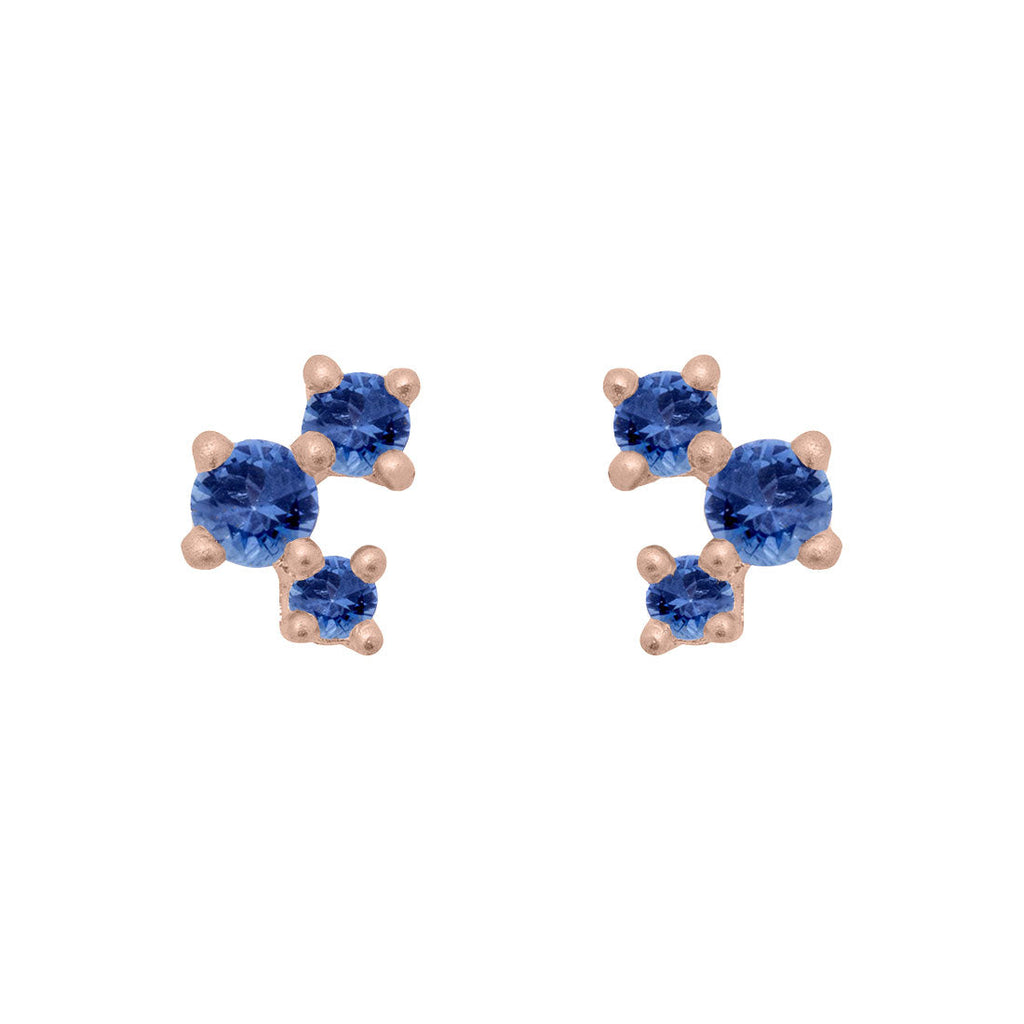 Blue Sapphire and Gold Cluster Earrings - Unique Celestial Three Stone Studs Single By Valley Rose Ethical Jewelry