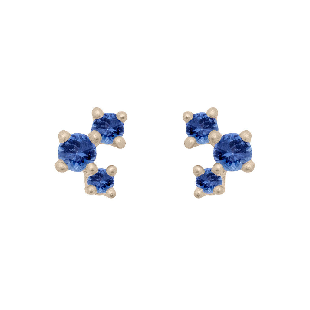 Blue Sapphire and Gold Cluster Earrings - Unique Celestial Three Stone Studs Single By Valley Rose Ethical Jewelry