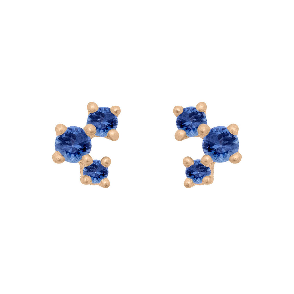 Blue Sapphire and Gold Cluster Earrings - Unique Celestial Three Stone Studs Single By Valley Rose Ethical Jewelry