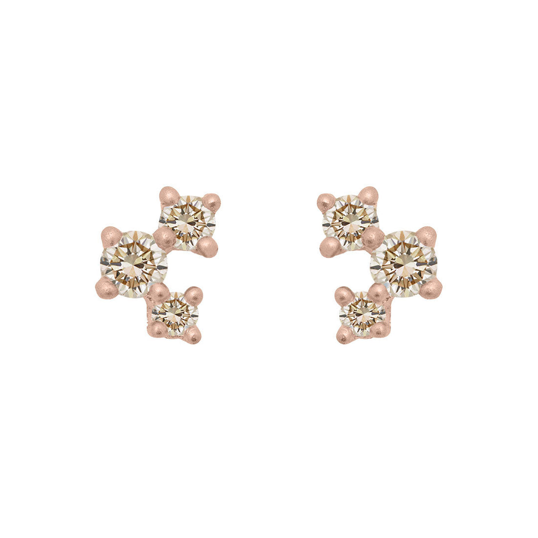 Champagne Diamond and Gold Cluster Earrings - Unique Celestial Three Stone Studs Single By Valley Rose Ethical Jewelry