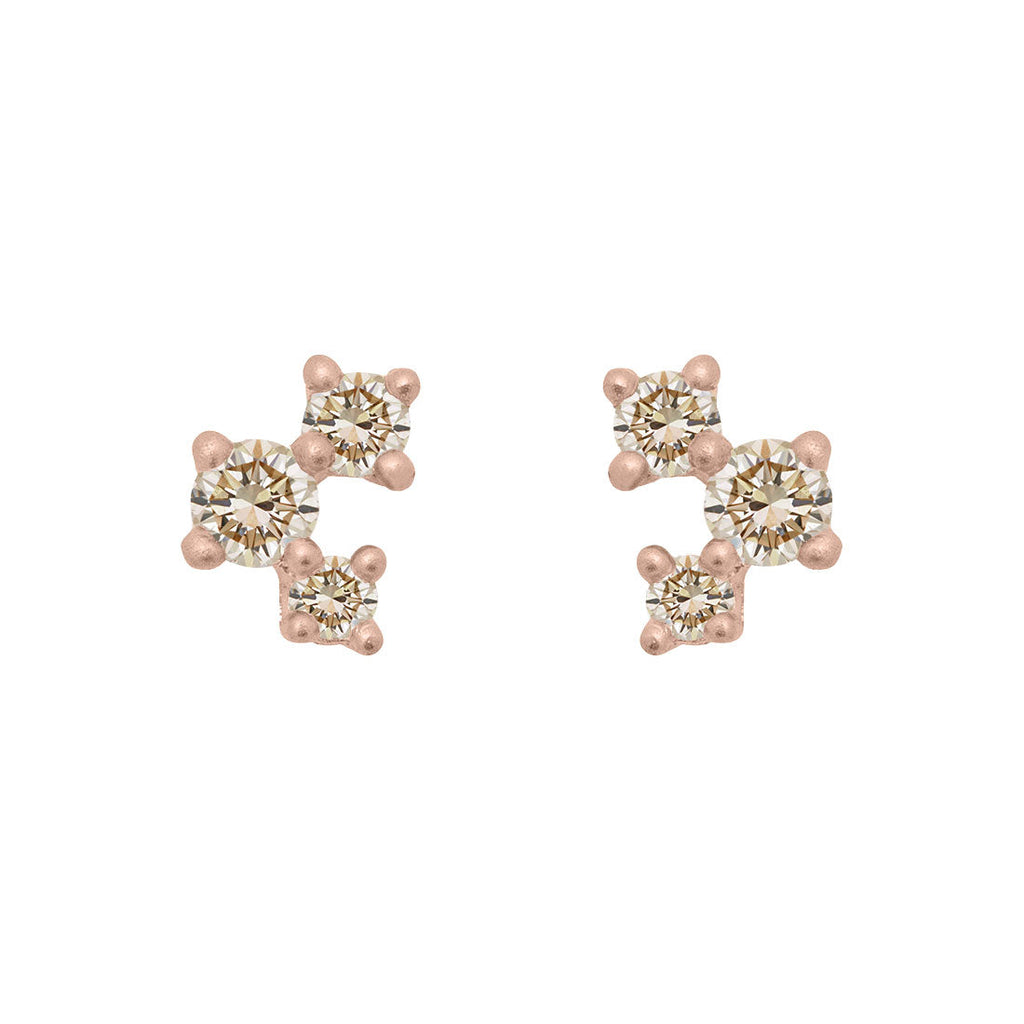 Champagne Diamond and Gold Cluster Earrings - Unique Celestial Three Stone Studs Single By Valley Rose Ethical Jewelry