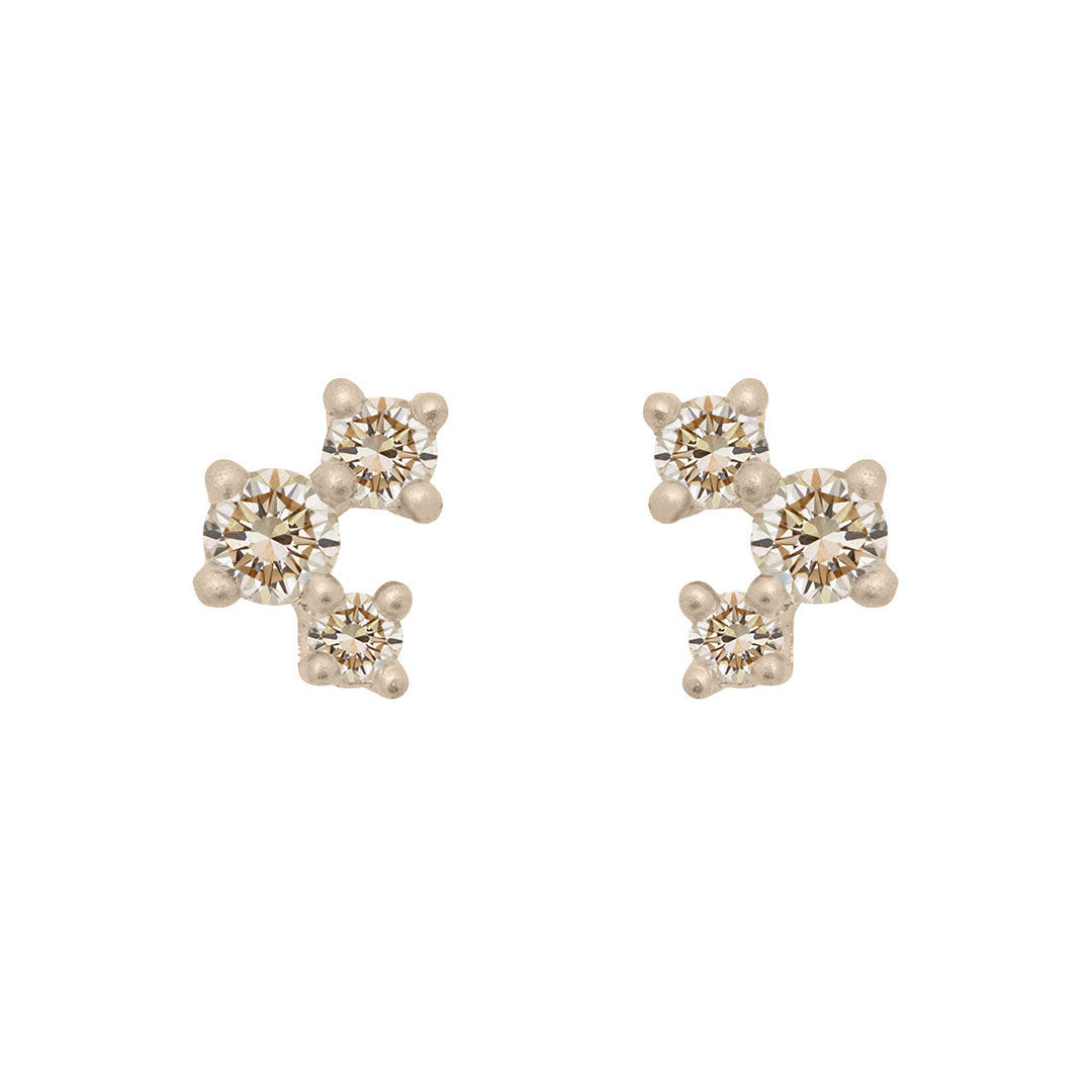 Champagne Diamond and Gold Cluster Earrings - Unique Celestial Three Stone Studs Single By Valley Rose Ethical Jewelry