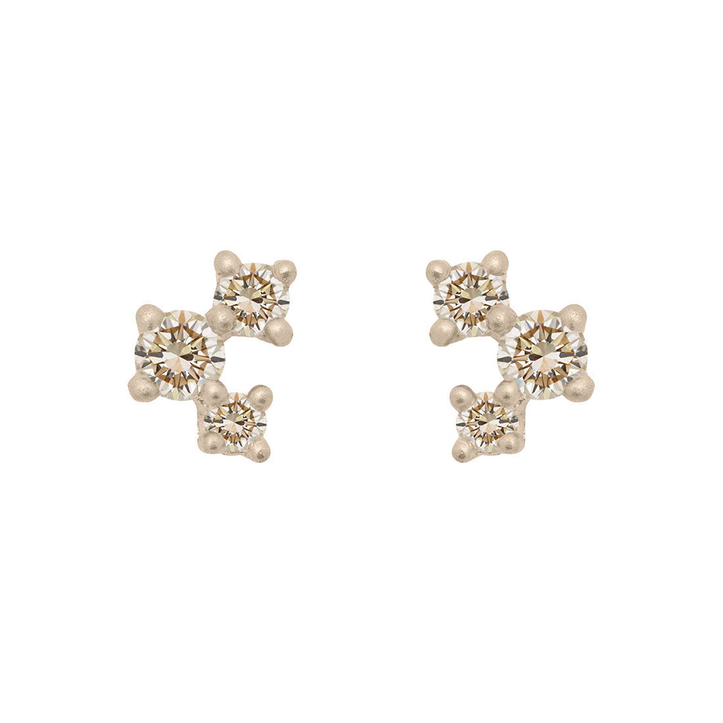 Champagne Diamond and Gold Cluster Earrings - Unique Celestial Three Stone Studs Single By Valley Rose Ethical Jewelry